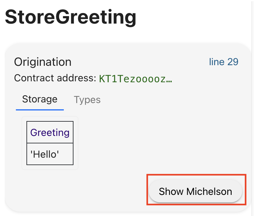 The originated contract, with the Show Michelson button highlighted